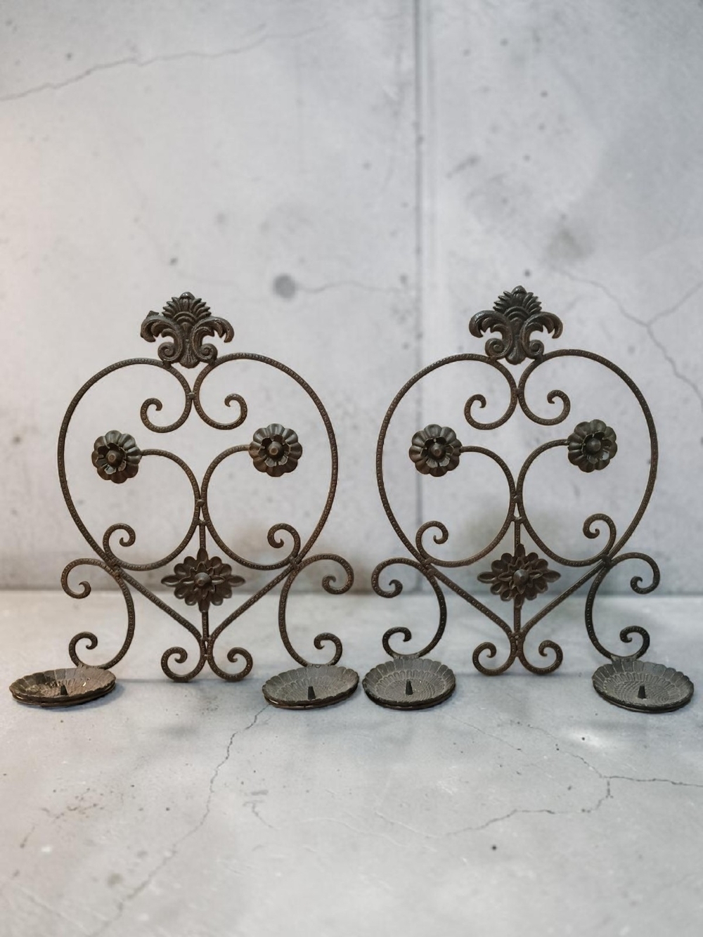 Vintage 2 Wall Wrought Iron Scroll Candle Holder Sconce